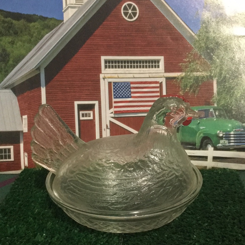Vintage Indiana glass, Clear glass hen on a nest candy dish, Trinket dish